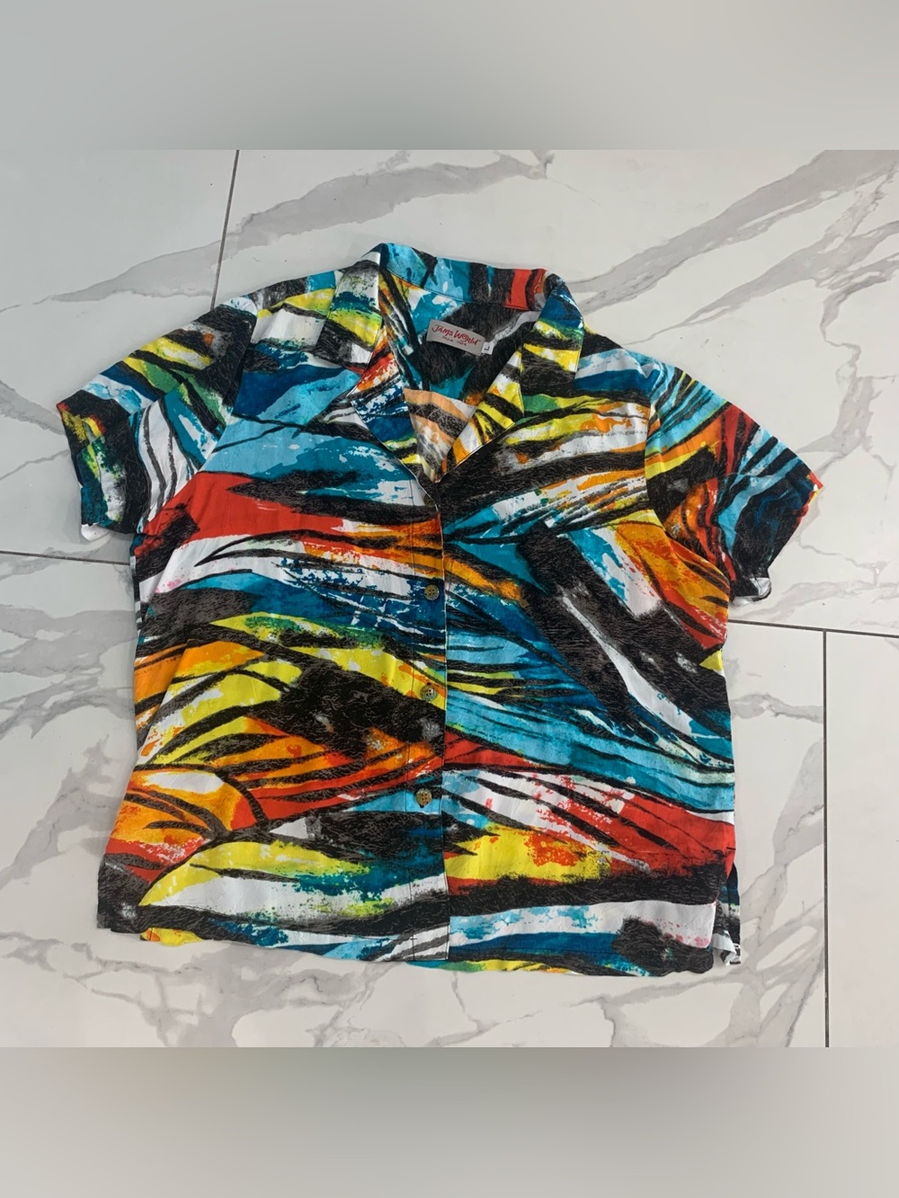 Vintage Jams World Shirt Women Sz Large Multicolor Abstract wave Print Rayon